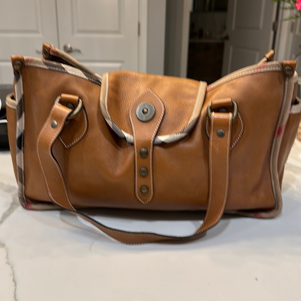 Burberry Trim Leather with House Check Canvas Large Tote